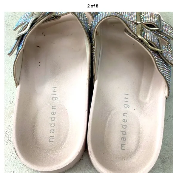 MADDEN GIRL Women's Blush Rhinestone Embellished Teddy Slip Ons Slide Sandals 6 - Picture 2 of 5